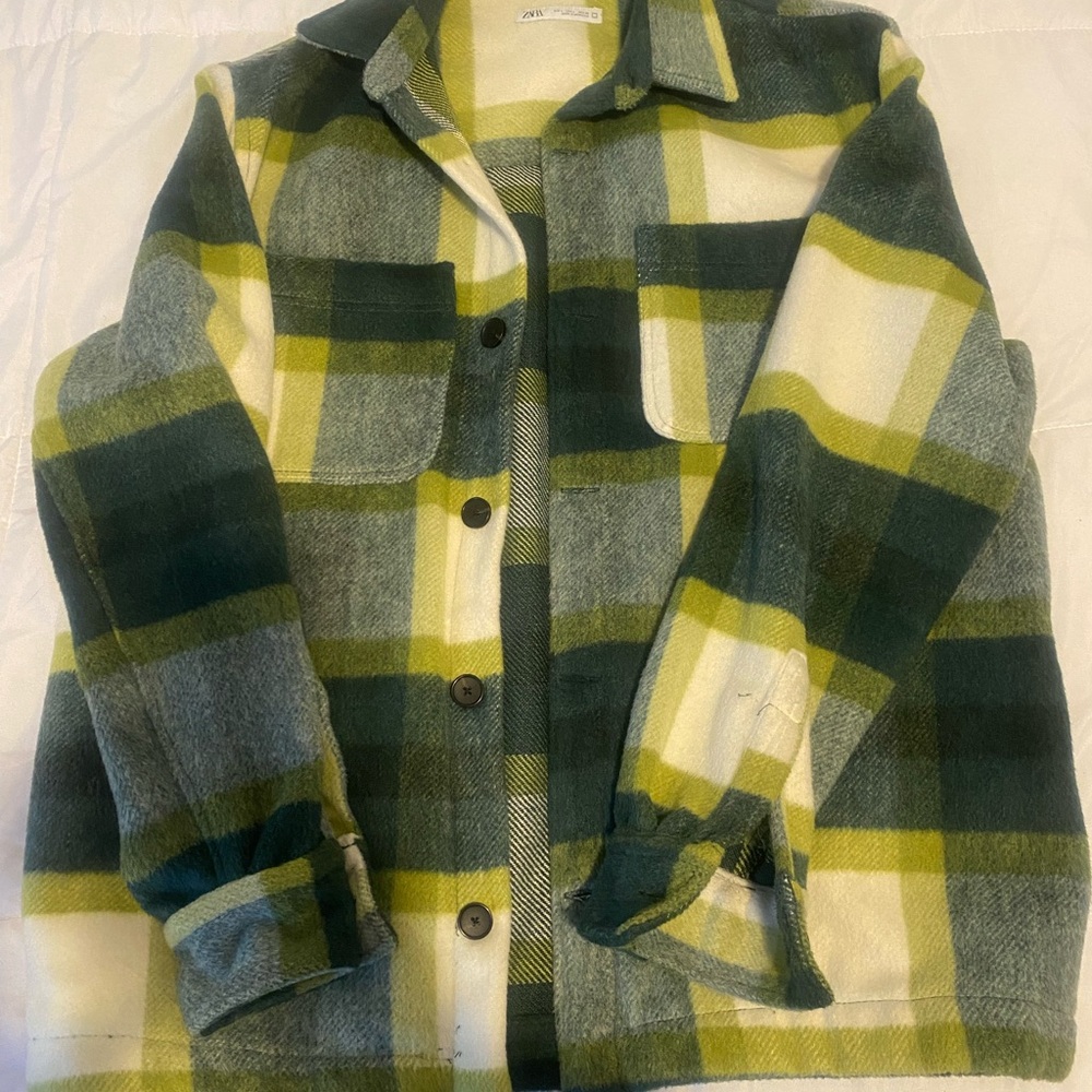 Zara Green and Yellow Plaid Pea Coat